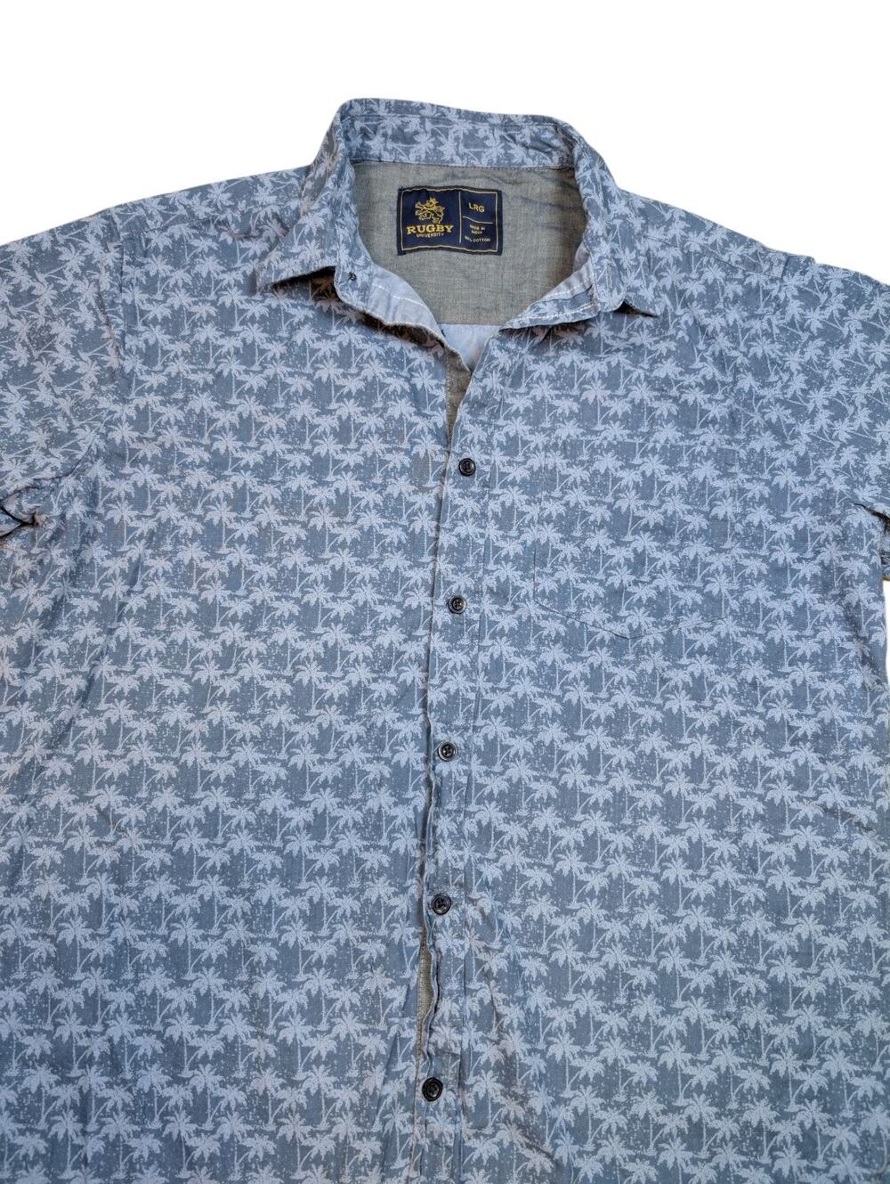Rugby University Men’s L Blue Beach Palm Tree Print Short Sleeve Shirt Vacation